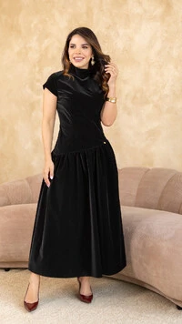 Vestido Longo Suede Zenaide Gola Alta Manga Tulipa