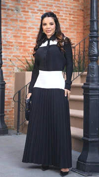 Conjunto Saia Longa Domitila em Silk Spam PRETO com branco