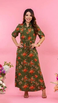 Vestido Longo Floral Chemise Mayla em Viscose com Cordão