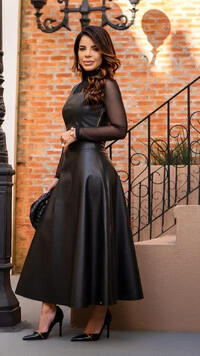 Conjunto Musa Corset e Saia Max Midi com Visual de Couro Preto