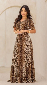 Vestido Longo Animal Print Thaynara Viscose Decote V