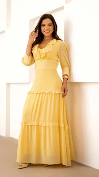 Vestido Longo Conny em Viscose com Babados