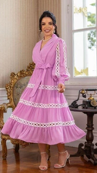 Vestido Midi Lilás Benta Crepe Decote V Saia Marias
