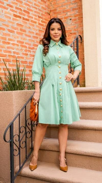 Vestido Chemise Curto Ildes com Botões Frontais Verde