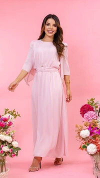 Vestido Longo Manga Fluida Ilana Cinto Faixa Gola Fechada