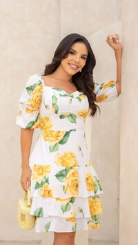 Vestido Curto Floral Gisela Crepe Decote Coração Bufante