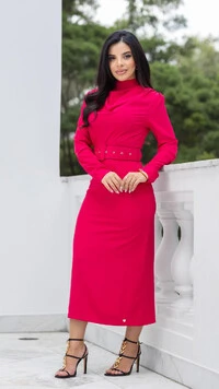Vestido Midi Pink Filipa Ice Drop Gola Média com Cinto