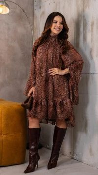 Vestido Curto Animal Print Roxy em Crepe Manga Bufante