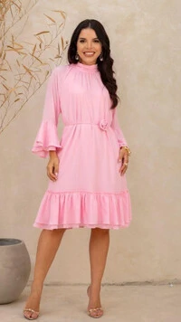 Vestido Midi Crepe Shirley Gola Alta com Cut Out Coração