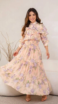 Vestido Longo Floral Magda Crepe com Babados e Gola Alta