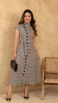 Vestido Midi Preto Viscose Djanira Botões Assimétricos
