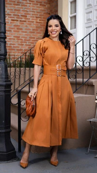 Vestido Midi Oriana em Sarja Tecnológica Canela