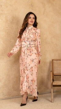 Vestido Longo Floral Evandra Plissado Crepe Gola Colarinho