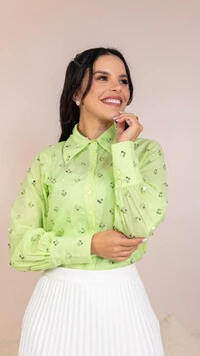 Camisa Lica em Algodão Bordado com Paetês