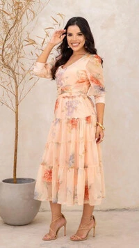 Vestido Midi Floral Cicera Crepe Chiffon Decote V