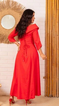 Vestido Longo Linho Zaya Gola Ampla Botões Dourados