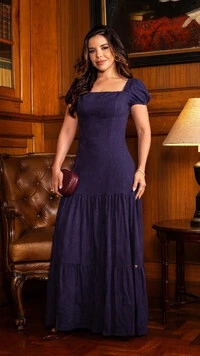 Vestido Jacquard Giulia com Decote Quadrado Azul Marinho