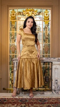 Vestido Midi Dourado Suzana Jacquard Decote Quadrado
