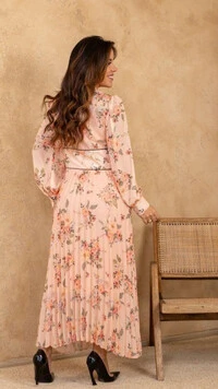 Vestido Longo Floral Evandra Plissado Crepe Gola Colarinho
