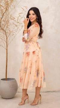 Vestido Midi Floral Cicera Crepe Chiffon Decote V