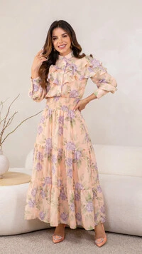 Vestido Longo Floral Magda Crepe com Babados e Gola Alta