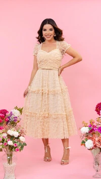 Vestido Midi Janice Tule com Veludo Devorê Decote Coração