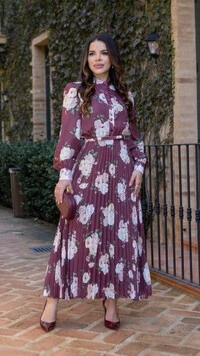 Vestido Longo Floral Plissado Marciele com Cinto Laço