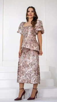 Vestido Midi Rosa Jacquard Audrey Floral com Peplum