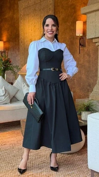 Vestido Midi Preto e Branco Alfaiataria Brena Sobreposto