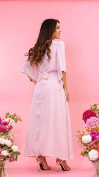 Vestido Longo Manga Fluida Ilana Cinto Faixa Gola Fechada