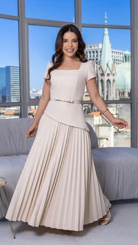 Vestido Longo Sabrina Plissado com Cinto Nude e Salmão