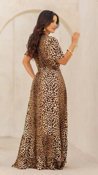 Vestido Longo Animal Print Thaynara Viscose Decote V