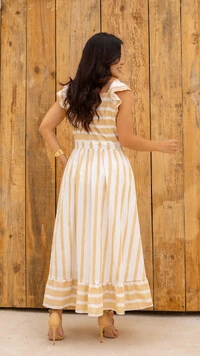 Vestido Longo Listrado Jordana em Algodão com Botões