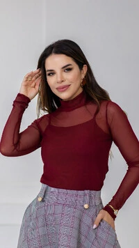 Blusa Manga Longa Tule Anastácia Segunda Pele Gola Alta