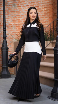 Conjunto Saia Longa Domitila em Silk Spam PRETO com branco