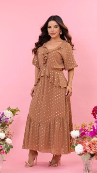 Vestido Longo Marrom Isabela Crepe Uraguiri Textura Poá