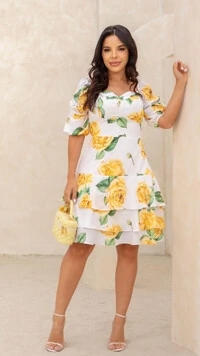 Vestido Curto Floral Gisela Crepe Decote Coração Bufante