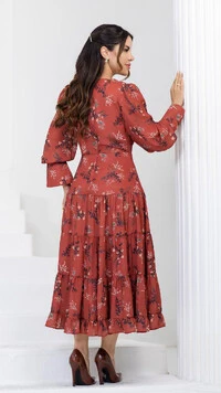 Vestido Longo Telha Noeli Estampa Invernal Manga Longa