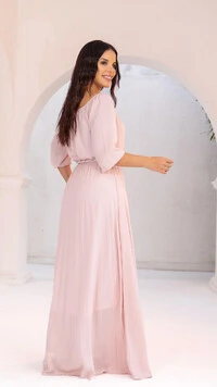 Vestido Longo Rosa Dora Crepe Saia Plissada com Cinto Laço