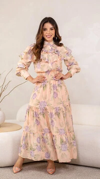 Vestido Longo Floral Magda Crepe com Babados e Gola Alta