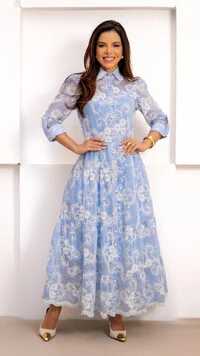 Vestido Longo Greice em Liocel com Bordado Floral