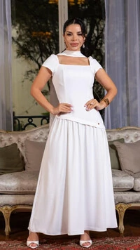 Vestido Longo Branco Rosaura Bruges Corte Assimétrico