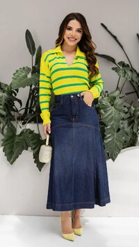 Saia Midi Jeans Mariza com Recortes e Bolsos