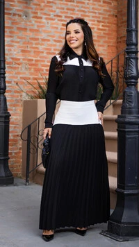 Conjunto Saia Longa Domitila em Silk Spam PRETO com branco