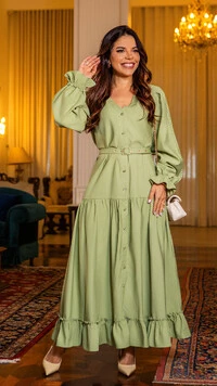 Vestido Max Midi Madson em Viscose Sarjada com Cinto Verde