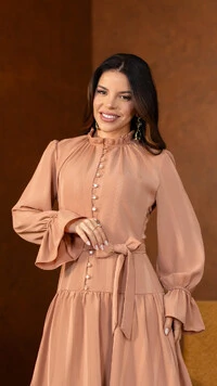 Vestido Midi Cappuccino Felicia Crepe Gola Alta
