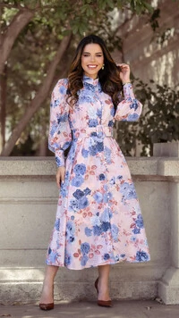 Vestido Midi Estampado Azul Atena em Crepe Saia Godê