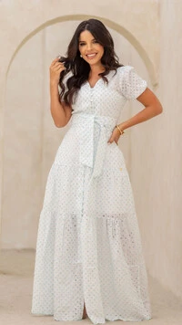 Vestido Longo Azul Geométrico Raika Algodão Três Marias