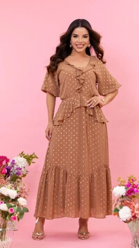 Vestido Longo Marrom Isabela Crepe Uraguiri Textura Poá