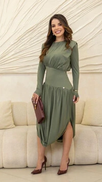 Vestido Midi Poliamida Camélia Drapeado Assimétrico